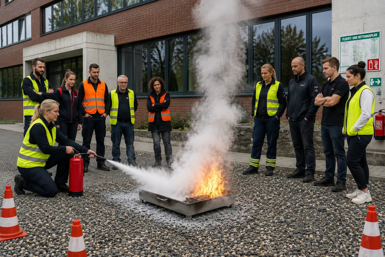 Brandschutzhelfer-Schulung: praktische Löschübung mit Feuerlöscher im Freien